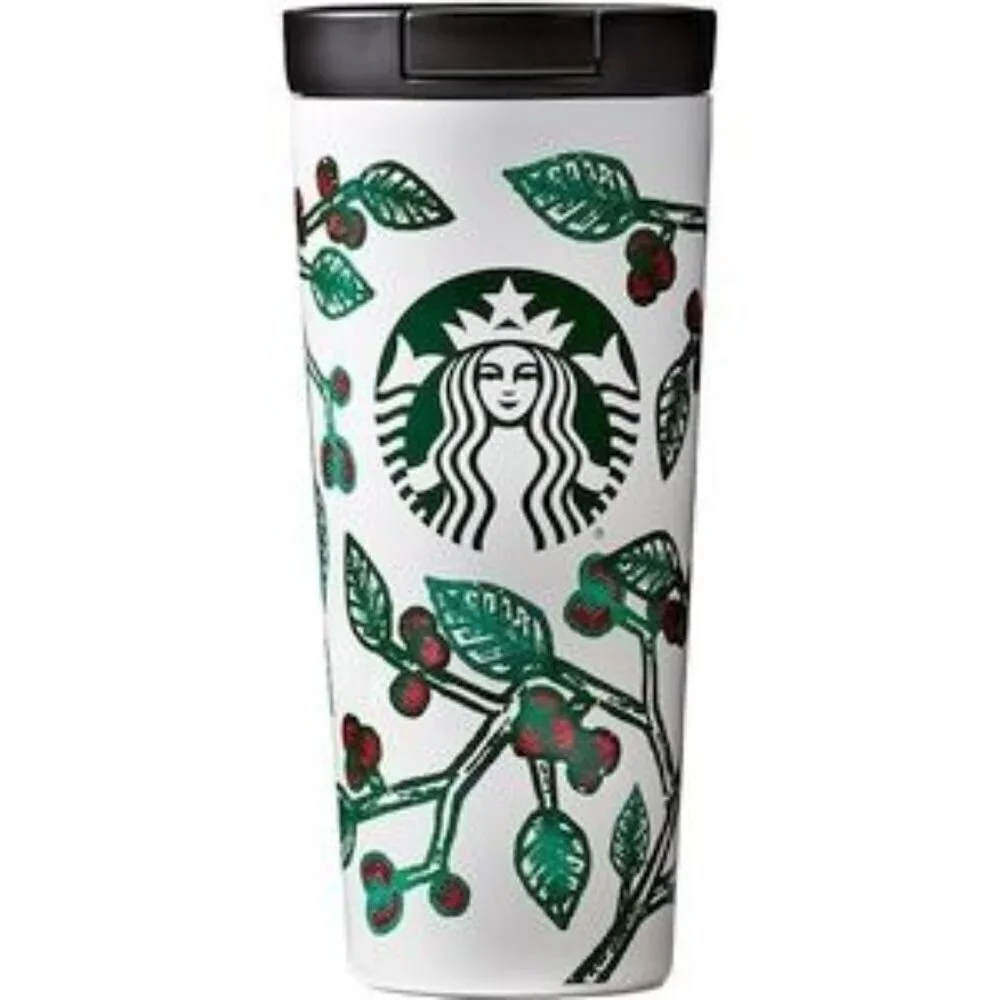 Starbucks 2016‎ White Stainless Steel Tumbler Holly Red Berry 16oz Mug Cup